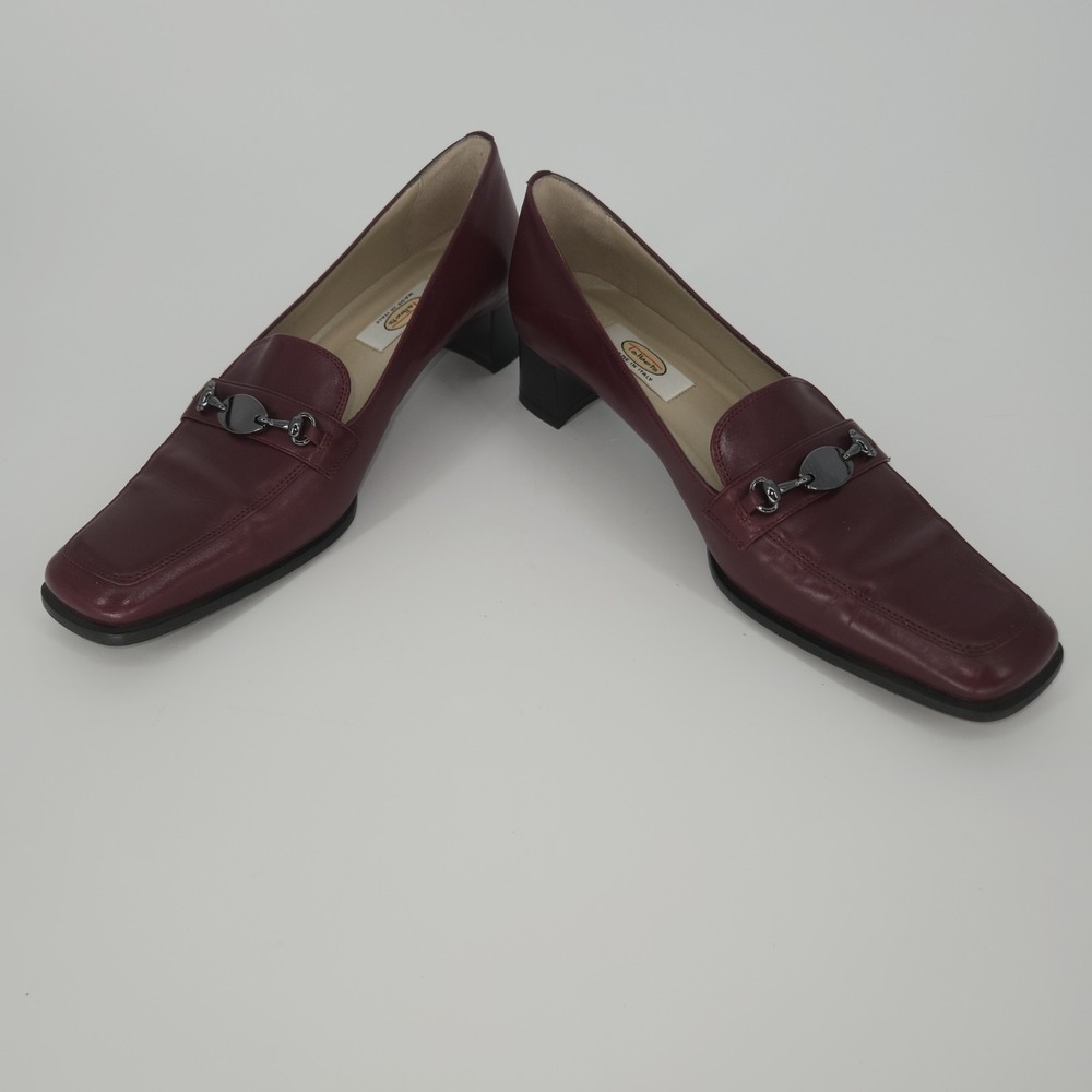 Talbots Italy Leather Horsebit Loafer Heels Red Burgundy Womens 8.5 M Square Toe